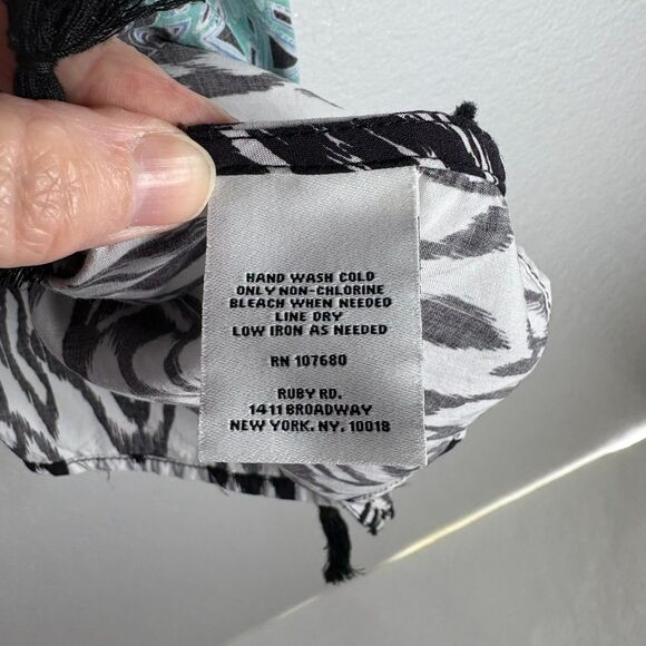 Ruby Rd Womens Size XL Aqua Black White Abstract Shawl Swimsuit Coverup Tassels - Picture 4 of 8